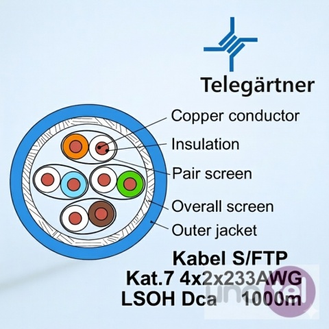 Kabel S/FTP kat.7 4x2x23AWG LSZH Dca niebieski 1000m - Telegärtner L02002A0180