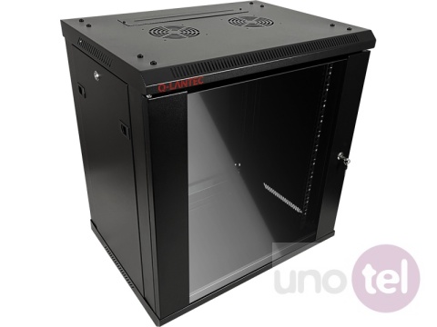 Szafa wisząca 19'' 12U 600x450, drzwi szklane, tył osłona pełna demontowalna, czarna, Flat Pack