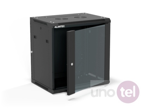 Szafa wisząca 19'' 12U 600x450, drzwi szklane, tył osłona pełna demontowalna, czarna, Flat Pack