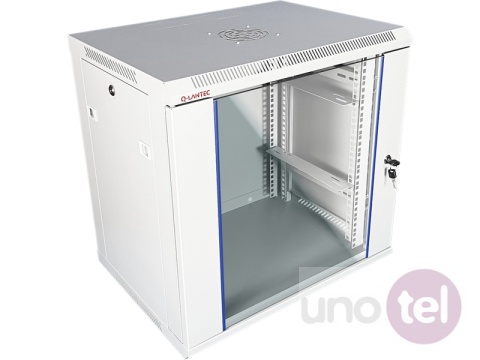 Szafa wisząca 19'' 12U 600x450, drzwi szklane, tył osłona pełna demontowalna, szara, Flat Pack